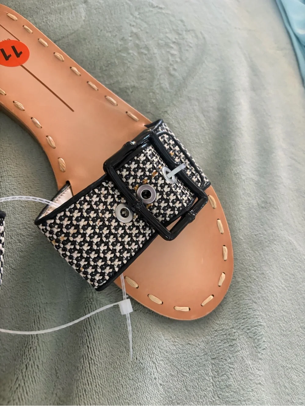 Dolce Vita Black and White Woven Buckle Slide Sandals with Tan Footbed